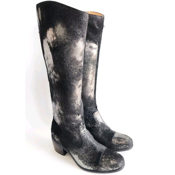 Frye Shoes - Frye Black‎ Pewter Metallic Leather Calf Hair Size 6 Knee High Tall Riding Boots